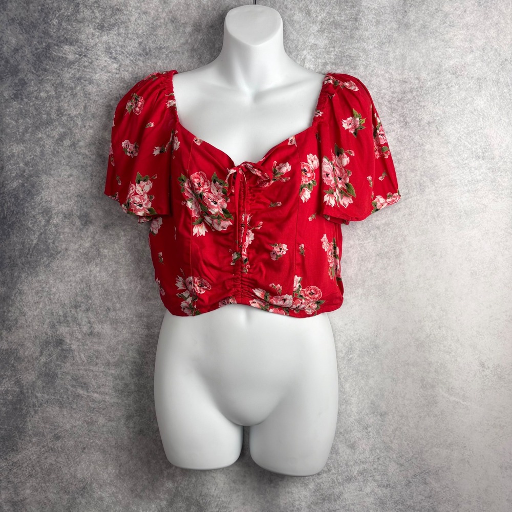 Band of Gypsies Red Floral Crop Top Flutter Sleeves Ruched Front Size Large